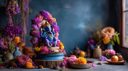 A striking Ganesh idol, beautifully adorned with vibrant flowers, captures the essence of celebration and spirituality in a serene indoor setting.の素材