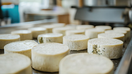 This image features fresh cheese rounds laid out on a production table, showcasing their smooth texture and natural color, highlighting artisanal dairy craftsmanship.の素材