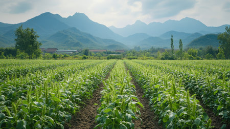 A stunning landscape featuring vibrant green fields stretching towards majestic mountains under a cloudy sky. This rural scene embodies tranquility and natural beauty.の素材