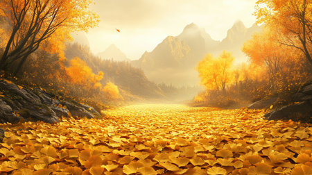 A stunning autumn landscape featuring a serene river of golden leaves beneath majestic mountains. This tranquil scene showcases the vibrant colors of nature in fall.の素材