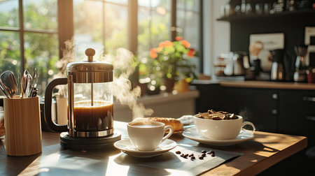 A charming kitchen scene featuring a French press and steaming coffee cups, complemented by pastries and sunlight filtering through the window.の素材