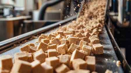 Close-up of sugar cubes cascading down a conveyor belt in a modern factory, showcasing the industrial process of food production and efficient workflow.の素材