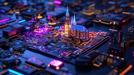 A stunning digital artwork showcasing a miniature cityscape featuring a gothic cathedral illuminated by vibrant blue and purple lights against a dark background.の素材