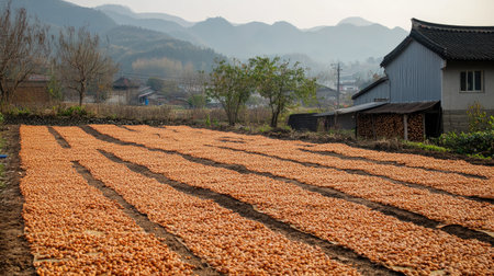 A scenic view showcasing rows of drying persimmons in a rural landscape, surrounded by mountains and trees. The vibrant orange fruits highlight traditional agricultural practices in autumn.の素材