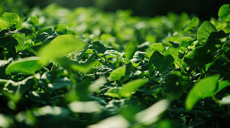 Discover a close-up view of lush green leaves basking in warm sunlight, highlighting a vibrant ecosystem thriving in a peaceful rural landscape.の素材