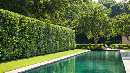 A tranquil oasis featuring a pristine pool surrounded by lush greenery. This serene backyard combines nature and luxury, perfect for relaxation and leisure.の素材