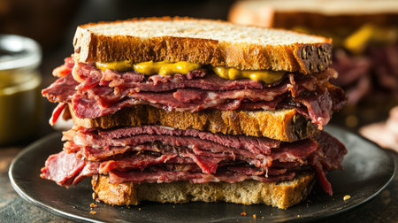 A mouthwatering pastrami sandwich stacked high on fresh bread with a dollop of mustard. Perfect for lunch or a hearty snack, this dish showcases savory layers.の素材