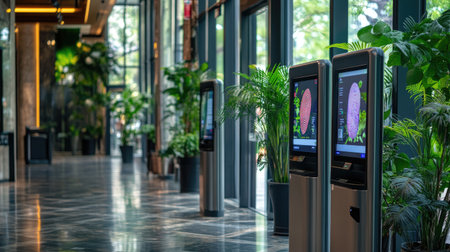 A stylish indoor setting featuring sleek digital kiosks surrounded by lush greenery, offering a modern touch to the welcoming atmosphere for visitors.の素材