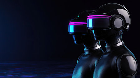 This image features two futuristic robots with glowing neon visors, standing side by side against a dark backdrop, symbolizing advanced technology and modern design.の素材