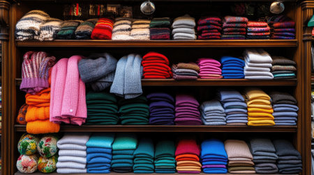 A vibrant collection of neatly arranged rolled sweaters showcases various colors and knit patterns in a charming retail shop, inviting shoppers to explore cozy fashion options.の素材