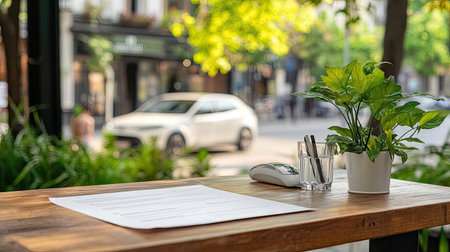 A bright and serene outdoor workspace featuring a wooden table, a vibrant green plant, and stationery, set against an urban backdrop with a passing white car.の素材