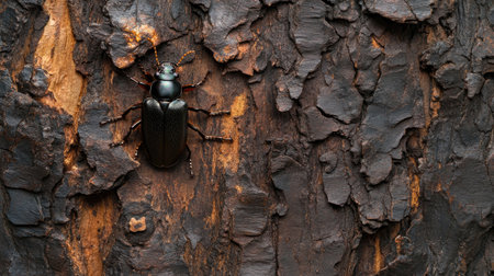 This macro image features a black beetle resting on rugged tree bark. The intricate details of the beetle and the textured wood surface create a captivating natural scene.の素材