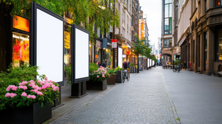 A serene urban street scene featuring blank billboards and vibrant flower planters at dusk, showcasing modern architecture and a peaceful atmosphere for city life.の素材