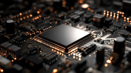 Close-up view of a complex circuit board featuring a microchip and various electronic components, showcasing modern technology and intricate design.の素材