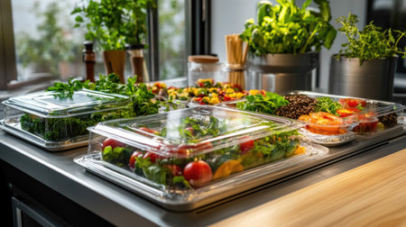 Explore a vibrant display of freshly prepared salads and vegetables in eco-friendly containers, showcasing healthy meal options on a stylish kitchen countertop.の素材