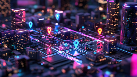 A stunning night view of a city map highlighting colorful markers against a vibrant neon backdrop. Ideal for showcasing technology and urban planning.の素材