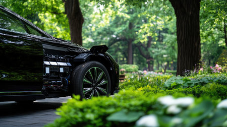 A sleek electric vehicle stands prominently in a vibrant garden, showcasing sustainable technology harmoniously blending with lush greenery and serene surroundings.の素材