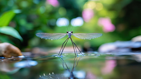 A serene image of a dragonfly standing on calm water, showcasing its intricate wings and striking reflection, perfectly capturing the essence of nature.の素材