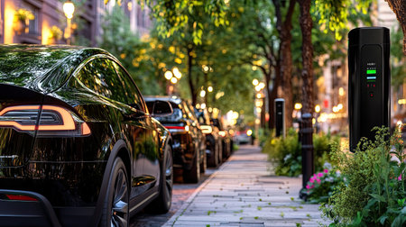 A sleek black electric car parked near a charging station on a tree-lined urban street, showcasing modern transportation and eco-friendly energy solutions.の素材