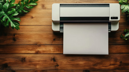 A contemporary printing machine rests on a rustic wooden table, with blank paper ready for use, surrounded by lush greenery, creating a serene workspace atmosphere.の素材
