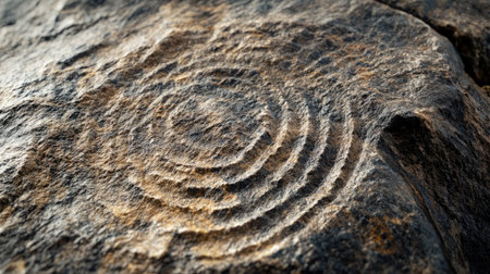 Discover an intricate ancient stone carving featuring circular patterns on a rugged rock surface, showcasing the artistry and history of our ancestors.の素材