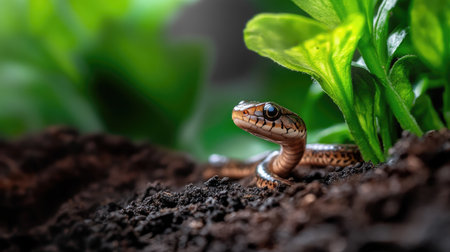 A stunning close-up captures a brown snake nestled among vibrant green leaves and dark soil, showcasing intricate details and texture in a natural habitat.の素材