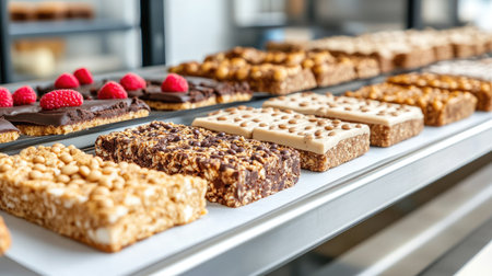 A vibrant assortment of energy bars presented on a tray, featuring chocolate and topped with fresh raspberries, ideal for health-conscious consumers and snack lovers.の素材