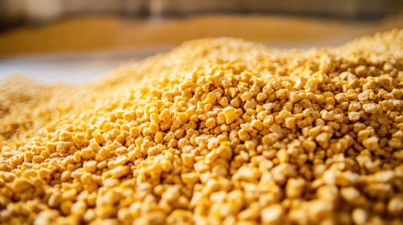 Detailed close-up shot of yellow granules scattered on a surface, showcasing texture and vibrant color, ideal for food industries and ingredient displays.の素材
