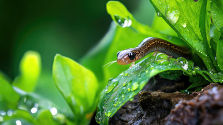 A captivating close-up showcases a snake nestled among vibrant green leaves adorned with droplets of water, emphasizing the beauty of nature.の素材