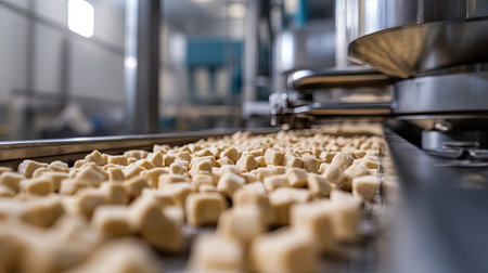 Image shows the manufacturing process with small dry food pieces moving along a conveyor belt, highlighting the efficiency and technology used in food production.の素材