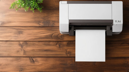 A modern printer sits on a wooden desk, ready to print blank paper. This stylish setup features a clean design, perfect for any workspace or home office.の素材