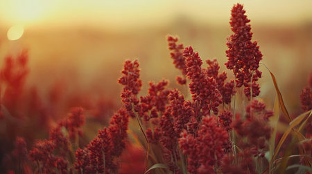A stunning close-up of vibrant red flowers flourishing under a warm sunset. The golden light accentuates the beauty of nature, creating a serene atmosphere.の素材