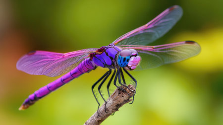 A stunning purple dragonfly perches gracefully on a branch, showcasing its intricate wings against a soft green background. Ideal for nature enthusiasts.の素材