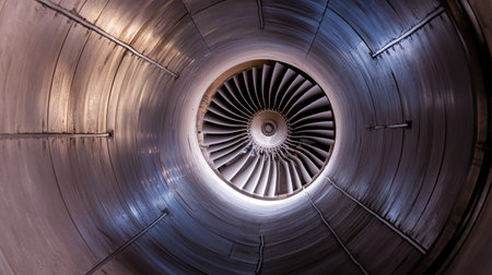 A striking close-up view of a jet engine turbine showcasing the intricate design and powerful components that enable modern aviation and transportation.の素材