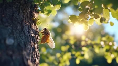 A serene close-up view of a cicada perched on tree bark, illuminated by soft sunlight filtering through lush green leaves, capturing the beauty of nature.の素材