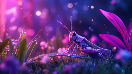 Discover a captivating close-up of a colorful grasshopper in a fantasy garden, showcasing intricate details and vibrant hues under soft, enchanting light.の素材