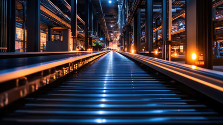 A dynamic view of an industrial warehouse featuring a conveyor belt and extensive storage racks, illustrating the modern logistics and operational efficiency in action.の素材