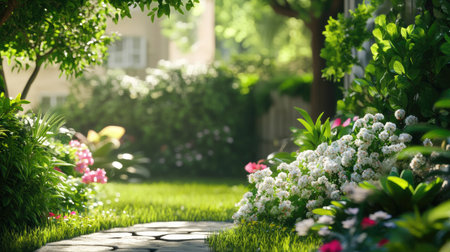 A stunning garden pathway lined with vibrant flowers and lush foliage, inviting tranquility and beauty in a serene outdoor setting bathed in soft sunlight.の素材