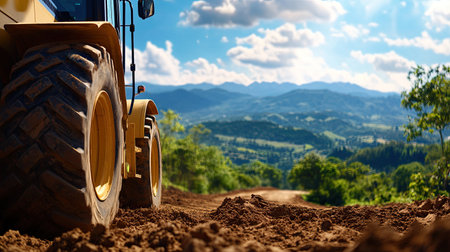 A heavy machinery tire rests on a dirt path, showcasing a beautiful mountain view under a blue sky. Perfect for themes of construction and nature.の素材