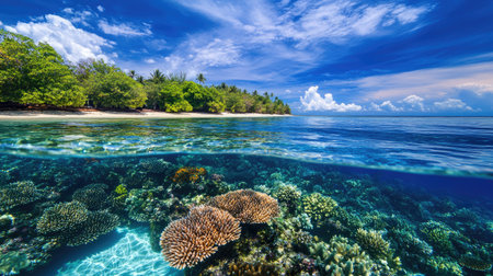 A breathtaking view showcasing a vibrant coral reef beneath crystal-clear water, surrounded by lush greenery and a stunning beach under a bright sky.の素材