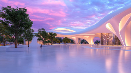 This image showcases a stunning futuristic architectural design, featuring smooth curves and vibrant colors against a serene skyline, creating an enchanting urban atmosphere.の素材