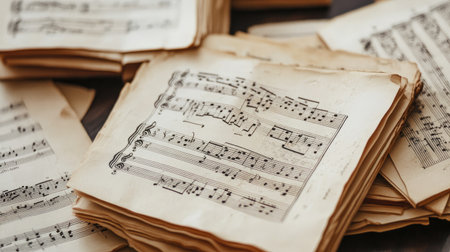 A beautifully arranged pile of vintage music sheets featuring intricate musical notation, ideal for artistic and educational projects or as a unique decor element.の素材
