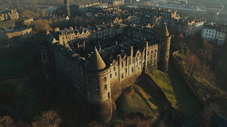 This stunning aerial view showcases a historic castle with towering turrets amid a picturesque landscape, perfect for travel and architecture enthusiasts.の素材