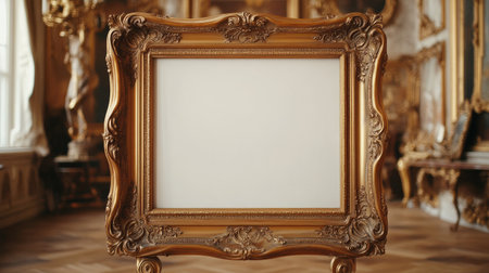 An ornate gold picture frame stands elegantly in a sophisticated gallery space, offering a blank canvas for artistic expression. The interior radiates luxury and history.の素材