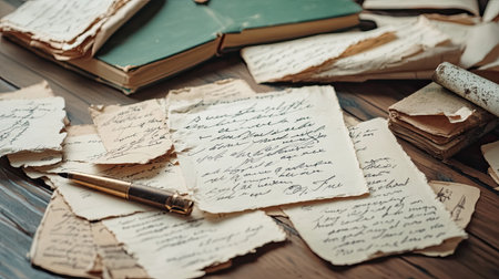 A captivating arrangement of vintage letters and old books on a rustic wooden table. The delicate handwriting and textures evoke nostalgia and tell stories of the past.の素材