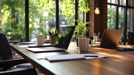 A bright and modern office workspace featuring laptops, coffee, and greenery. This calming environment showcases a blend of productivity and creativity. Ideal for professionals seeking inspiration.の素材