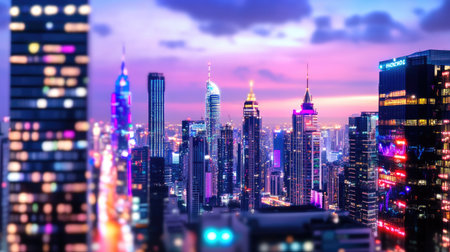 Stunning city skyline captured at dusk, featuring illuminated skyscrapers and vibrant colors, creating a captivating urban landscape perfect for travel and city enthusiasts.の素材