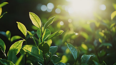 Captivating view of vibrant green leaves basking in the soft sunlight, creating a serene ambiance. Ideal for nature themes and greenery concepts.の素材