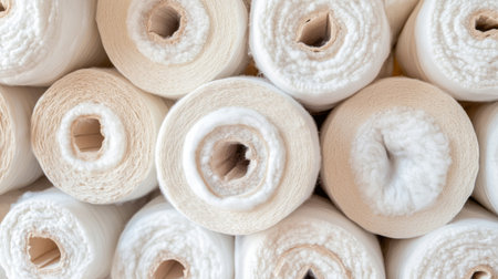 A detailed close-up image of neatly arranged white textile rolls, showcasing various textures and materials ideal for crafting and sewing projects.の素材