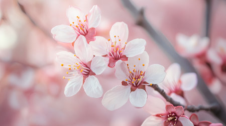 Captivating close-up of cherry blossom flowers in soft spring light, showcasing delicate pink petals and vibrant yellow stamen. Perfect for nature lovers.の素材